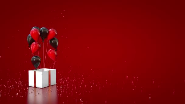 Gift Box Glitter Έκρηξη Και Μπαλόνια Πετούν Κόκκινο Και Μαύρο — Αρχείο Βίντεο