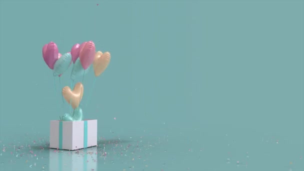 Gift Box Glitter Explode Heart Shaped Balloons Fly Out Blue — Vídeo de Stock