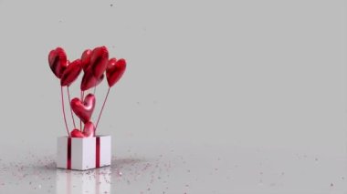 Gift Box Glitter Explode And Heart Shaped Balloons Fly Out White Redvalentine copy space