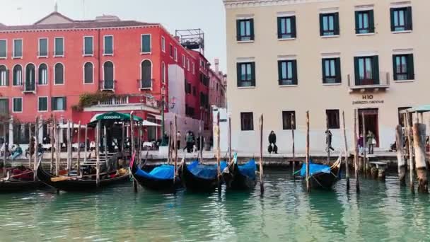 Venedig Italien Kanal Resa Med Gondoler Stolpar Och Byggnader Februari — Stockvideo