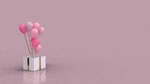 带有气球的礼品盒推出带有复制空间的具有性别色彩的粉红 — 图库视频影像