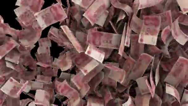 Dynamische Chinesische Yuan Geldscheine Übergang Von Der Seite Und Explodieren — Stockvideo