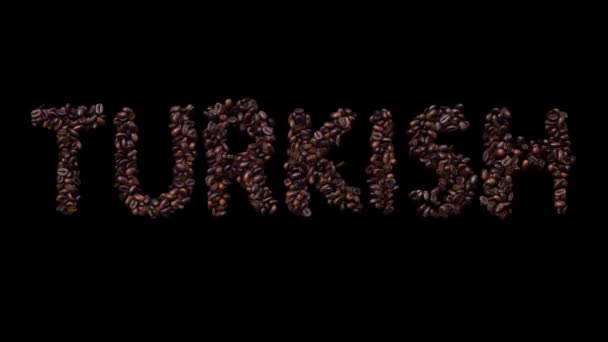 Animated Typeface Out Coffee Beans Text Turkish Alpha Channel — Αρχείο Βίντεο