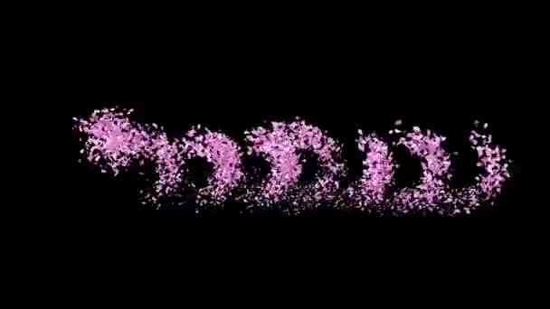 Animowane Płatki Sakura Litery Tekstowe Tworzące Słowo Promienny Kanałem Alfa — Wideo stockowe