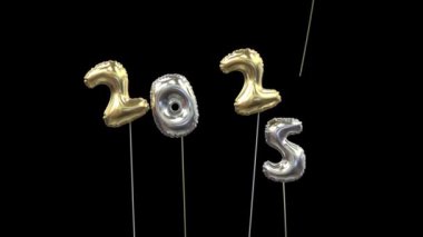 Renkli yeni yıl balonu 2024 yazarken 4 'ü uçuyor, 5' i ise 2025 altın ve gümüşü oluşturuyor.