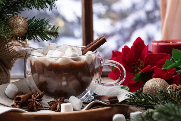 冬の背景を持つウィンドウで休日の装飾とマシュマロとシナモンとホットチョコレートのカップ — ストック写真
