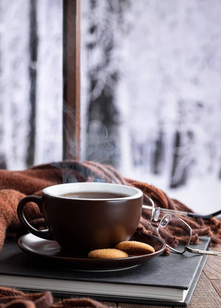 Горячая Чашка Кофе Чая Книгой Одеялом Окна Снежном Зимнем Фоне — стоковое фото