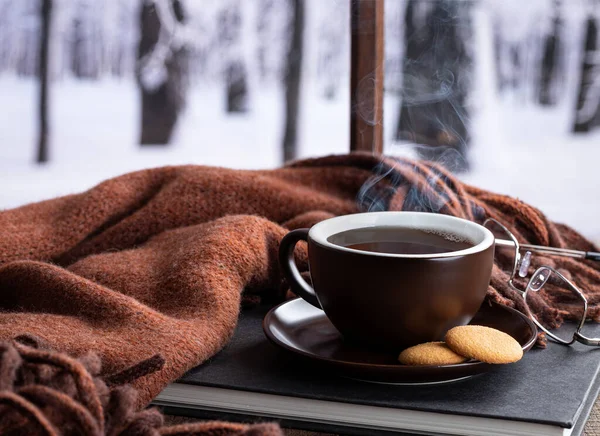 Steaming hot cup of coffee or tea with a book and blanket by a window with snowy winter background