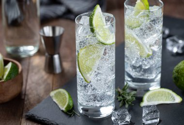 Gin and tonic cocktail with lime slices, and ice in a tall glass on a black slate board