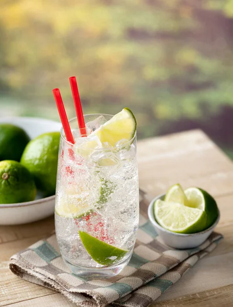 Glass Sparkling Cold Water Lime Wedges Ice Outdoors Wooden Table — Stock Photo, Image