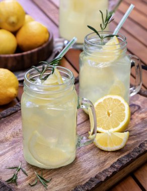 İki cam kavanozda limon dilimlenmiş biberiye ve ahşap tepside buz.