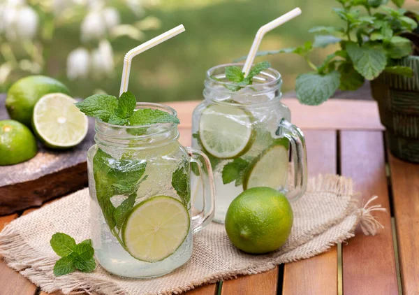 Mojito Cocktail Lime Slices Mint Outdoors Wooden Table Nature Background — Stock Photo, Image