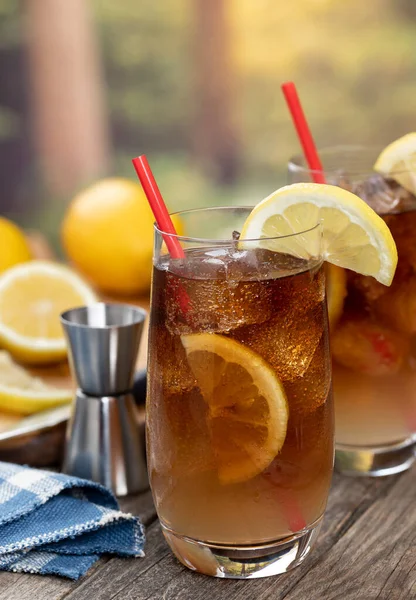Long Island Iced Tea Lemon Slices Outdoors Rustic Wooden Table — Stock Photo, Image