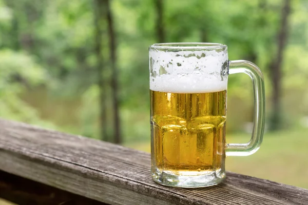 Beer in glass mug outdoors on old deck railing with nature background