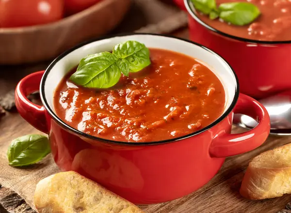 用罗勒叶和烤面包片装饰在木盘上的西红柿汤碗 图库图片