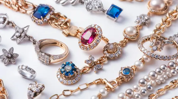 An array of luxurious jewelry showcasing gold, pearls, and gemstones