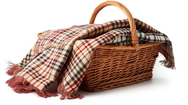 Klasik kareli battaniyeli hasır piknik sepeti, açık hava yemek ve rahatlık öneriyor. Üretken ai 'den illüstrasyon