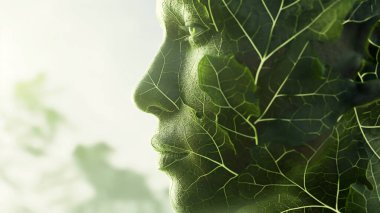 A profile of a human face composed of green leaf veins symbolizing a connection with nature. clipart