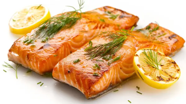 Grilled salmon fillets with lemon and dill on white plate. illustration by generative ai