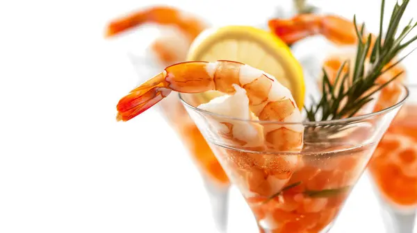 Shrimp cocktail in a glass garnished with lemon and rosemary, white background. illustration by generative ai