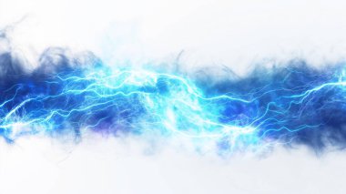 Dinamik elektrik mavi enerji hatları sisli beyaz bir arka planda bir güç fırtınasına benzer şekilde dalgalanıyor. Üretken ai 'den illüstrasyon