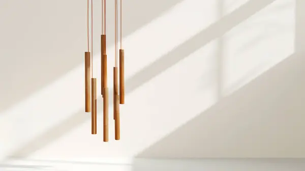 Wooden wind chimes hanging indoors with sunlight casting shadows on a white wall. illustration by generative ai