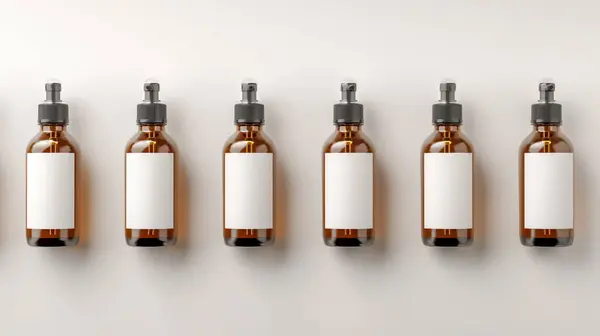 stock image Row of amber glass dropper bottles with blank labels on a light background.