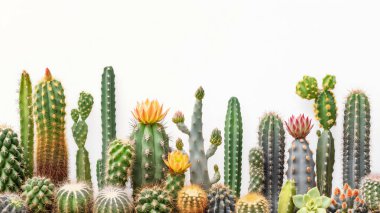 Assorted cacti with blooming flowers against a white background. illustration by generative ai clipart