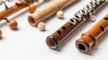 A collection of woodwind instruments, including flutes and recorders, on a white background. clipart