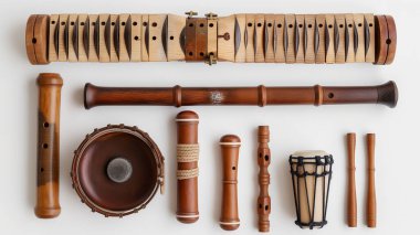 A varied set of wooden musical instruments neatly arrayed on a white background. clipart