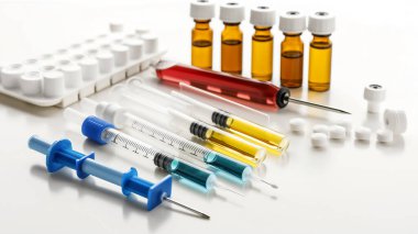 Syringes with colorful substances, vials, and pills on a white surface. clipart