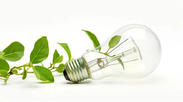 Lampadina Con Foglie Verdi Simbolo Energia Ecologica Idee Sostenibili — Foto Stock