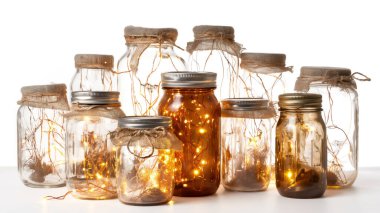 Glass jars with twine and fairy lights, creating a warm, rustic decoration. clipart