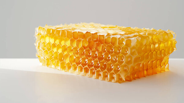 Honeycomb piece with honey on white surface, soft backlighting.