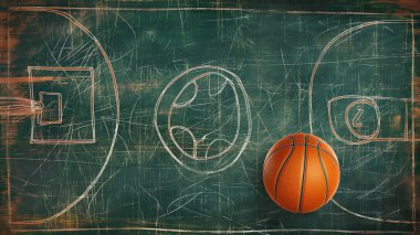 Basketball on a chalkboard with strategic play diagrams and an email symbol drawn in chalk. clipart