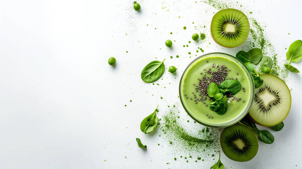 Green smoothie with kiwi, basil, and chia seeds surrounded by fresh ingredients on a white surface.