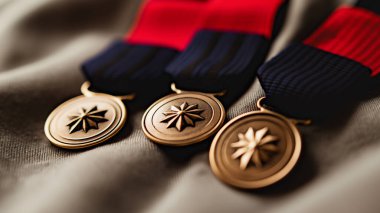 Three star-emblazoned medals with ribbons, symbolizing honor and achievement. clipart