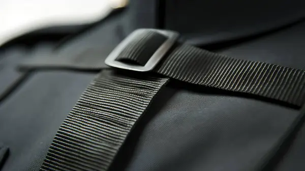 stock image Close-up of a black strap with a metal buckle on a backpack, detailed texture focus.