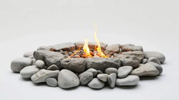Modern fire pit with pebbles and controlled flame on a white background.