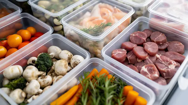 Meal prep containers with fresh vegetables and raw meat, organized food storage.