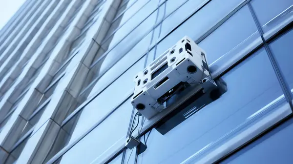 Building maintenance unit (BMU) on the exterior of a glass facade, used for window cleaning.