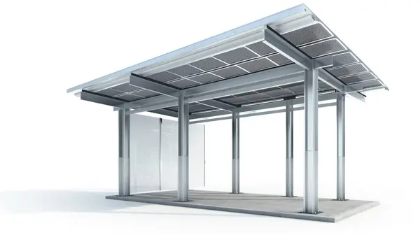 stock image Modern bus stop with solar panels on the roof on a white background.