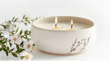 Three-wick scented candle burning, with floral decoration and branch with flowers. clipart