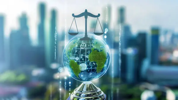 Scales of justice superimposed on a globe with digital interface elements and city background.