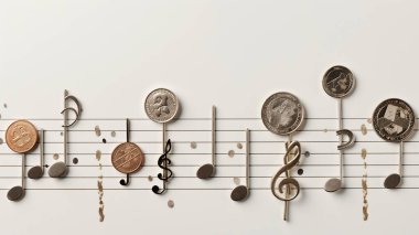 Bozuk paralar, soluk bir arkaplanda müzik ve finans karışımı olduğunu gösteren notalar oluşturur.