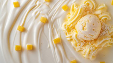Vanilyalı dondurma kepçesi, dilimlenmiş peynir ve mango küpleri kremalı arka planda..