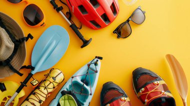 Assortment of outdoor adventure gear laid out on a bright yellow background, including kayaks, helmets, and sunglasses. clipart