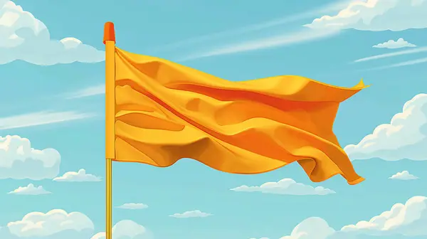 A vibrant orange flag waves gracefully against a backdrop of blue skies and fluffy clouds, symbolizing energy and movement.