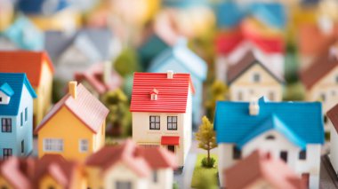 A close-up of a miniature neighborhood with colorful toy houses, focusing on a small cream-colored house with a red roof and windows. The scene captures a playful and whimsical representation of a suburban area. clipart