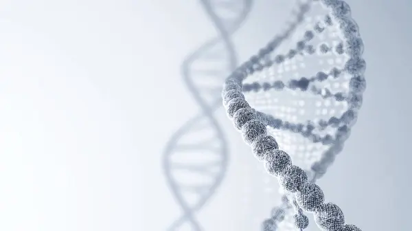 Close-up of a DNA double helix structure with a blurred background, symbolizing genetics and molecular biology.